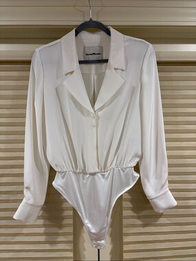 NWOT Roland Mouret White Satin Long-Sleeve Collared Bodysuit, Size US 6